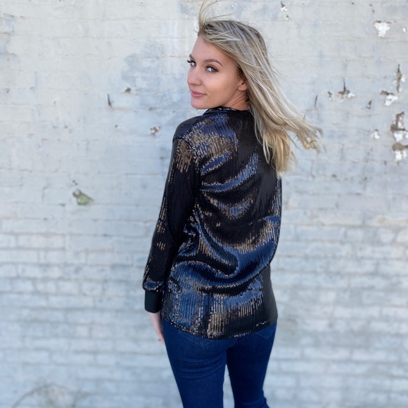 Black Long Sleeve Sequin Knot Tie Blouse NWT - Picture 3 of 5